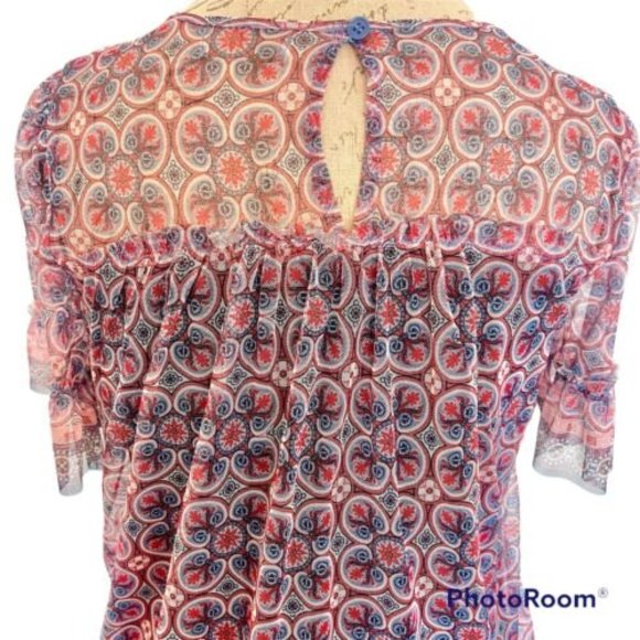 Womens Knit Mesh Blouse Top Size Medium Ruffle Pleated Boho Gypsy - Picture 6 of 12